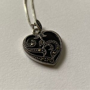 Sterling Silver 925  Marcasite & Onyx Heart Pendant Necklace